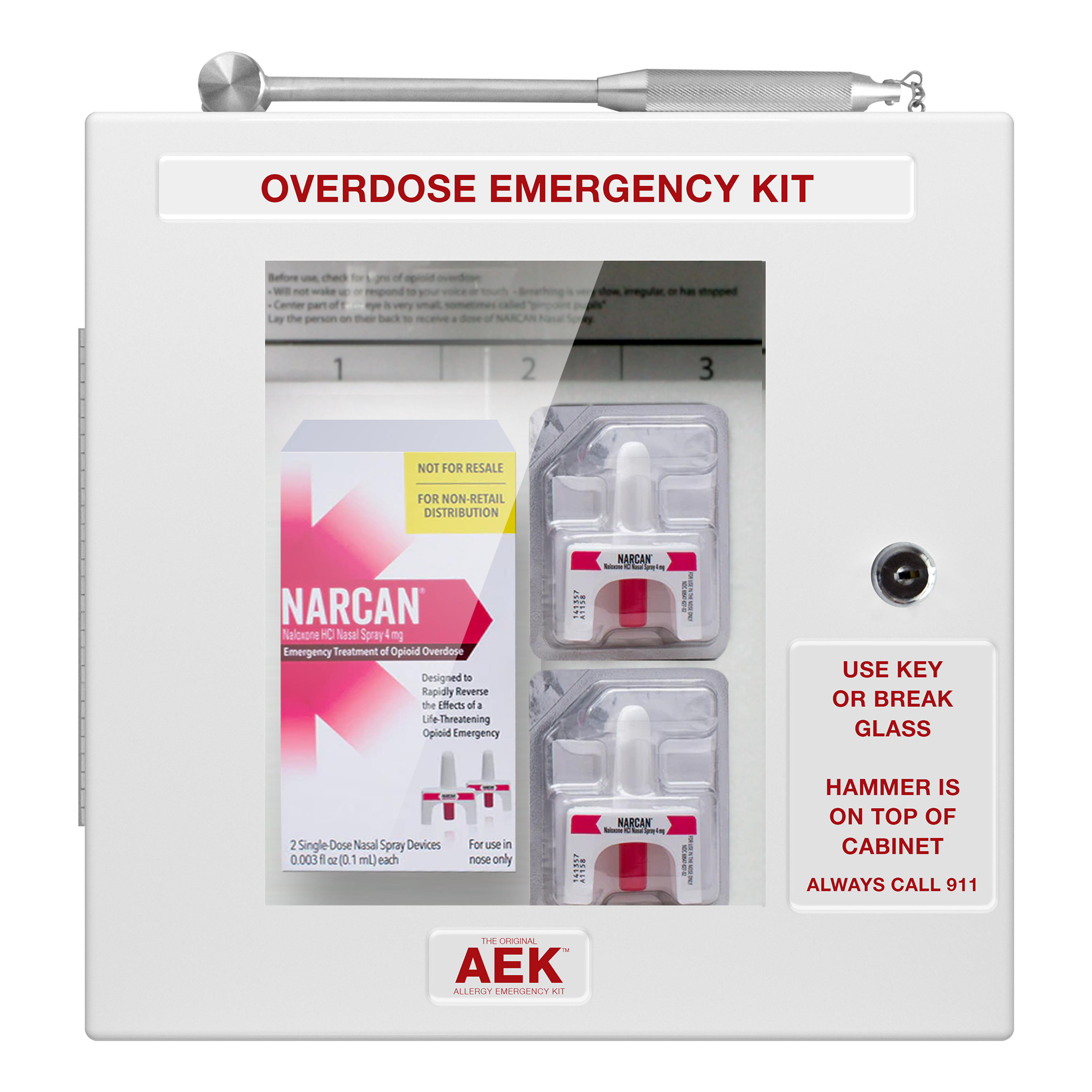 Naloxone Overdose Emergency Cabinet – Locking with Breakable Window & Hammer | Secure Storage for Narcan®