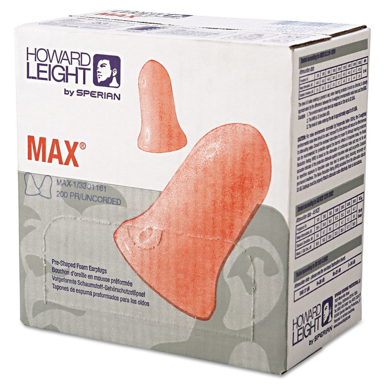 Honeywell Howard Leight® MAX-1 Earplugs NRR33, Uncorded - Box of 200 Pairs