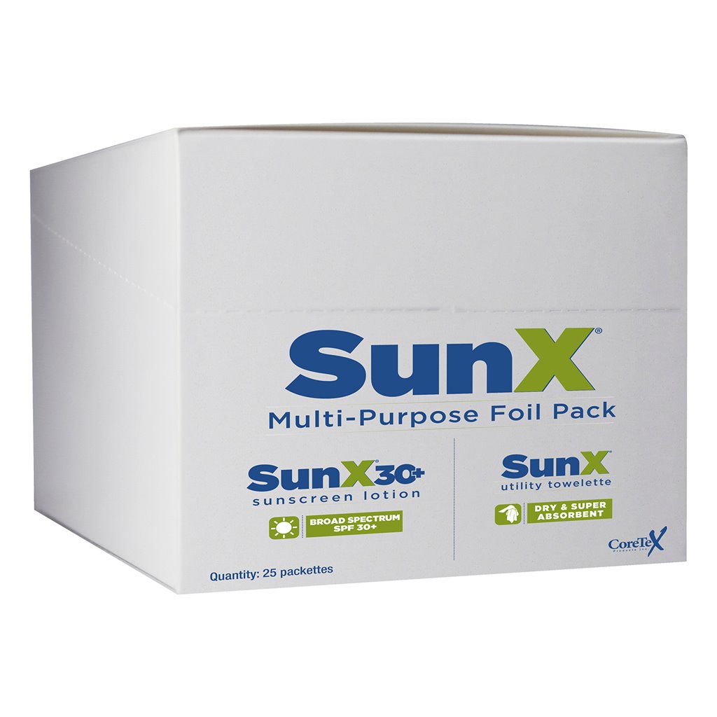 SunX SPF30 Sunscreen Lotion Foil Packs with Towelette – 25/Box | Broad Spectrum, Water-Resistant Protection